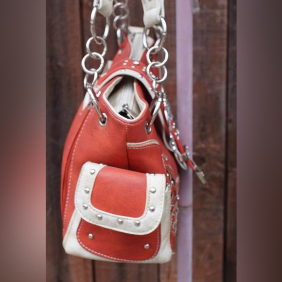 Orange and Turquoise Studded Accented Western Style Satchel Handbag - Picture 10 of 16